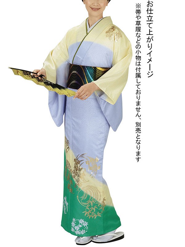 訪問着 着物 反物 女性 男性 踊り 絵羽 薄藤色 薄黄色 緑 杜若 洗える