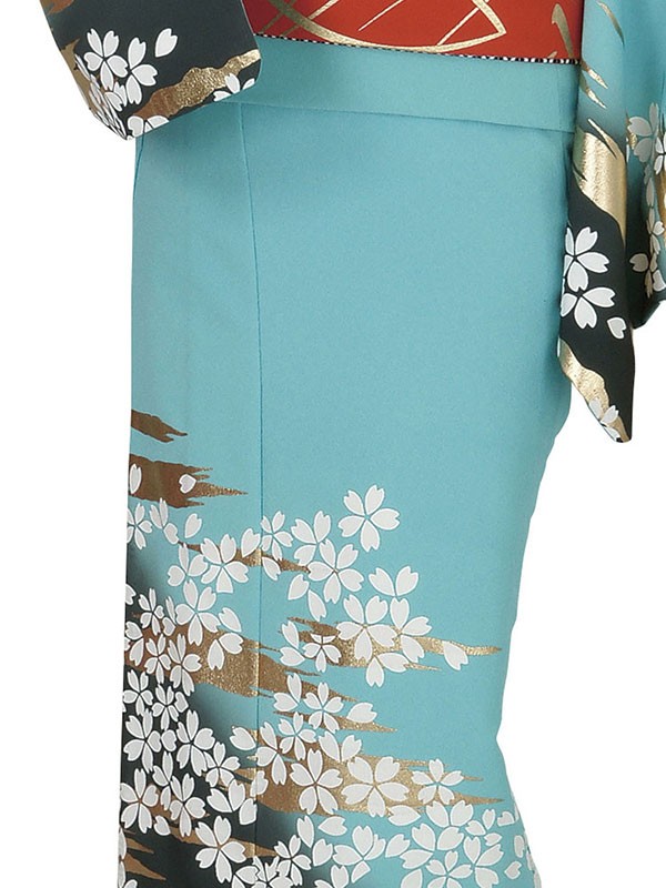 訪問着 着物 反物 女性 男性 踊り 絵羽 水色 鉄色 桜 霞 洗える