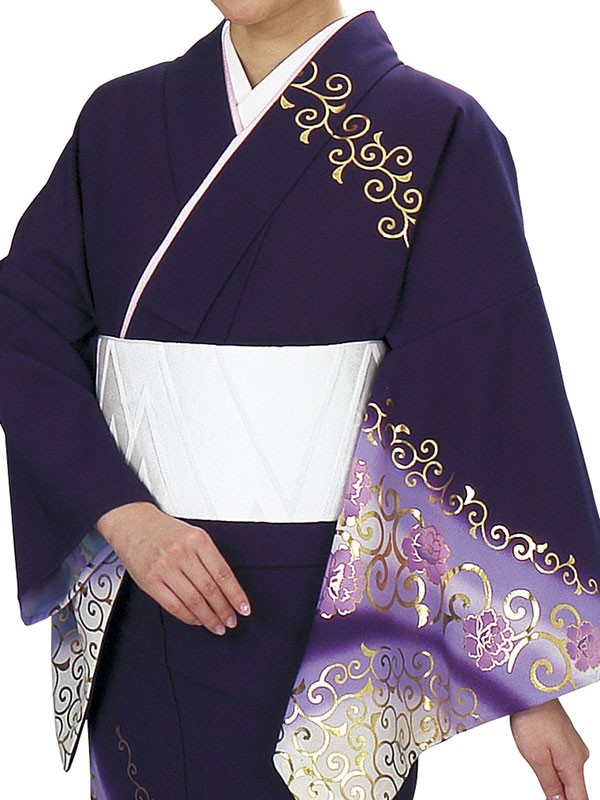 訪問着 着物 反物 女性 男性 踊り 絵羽 紫紺 クリーム 唐草牡丹 洗える