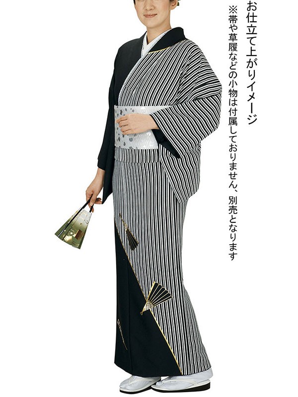 訪問着 着物 反物 女性 男性 踊り 絵羽 黒 白 兄弟縞 扇子 洗える着物