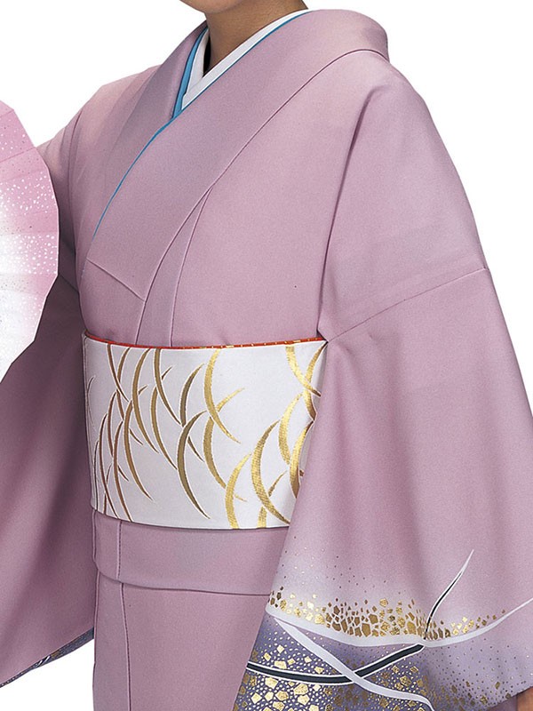 身幅超ゆったり　訪問着　付下げ　ふくよかサイズ　美品　枝垂れ桜　藤鼠色　入学式 訪問着 着物 反物 女性 男性 踊り 絵羽 紅藤色 藤鼠 露芝 洗える着物