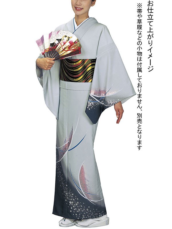 訪問着 着物 反物 女性 男性 踊り 絵羽 ライトグレー 紺 露芝 洗える
