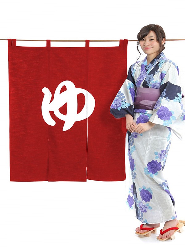 【新品未使用（生産中止）】岡本太郎作　野沢温泉村限定　暖簾　女湯 のれん 湯 暖簾 ゆ 温泉 風呂場 浴室 ロング 女湯 防炎加工 90×120cm