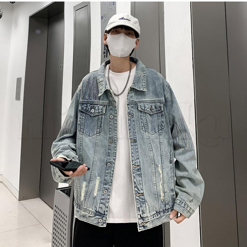  Denim jacket men's outer britain character print folding collar long sleeve front opening damage processing s casual easy commuting going to school spring autumn stylish 