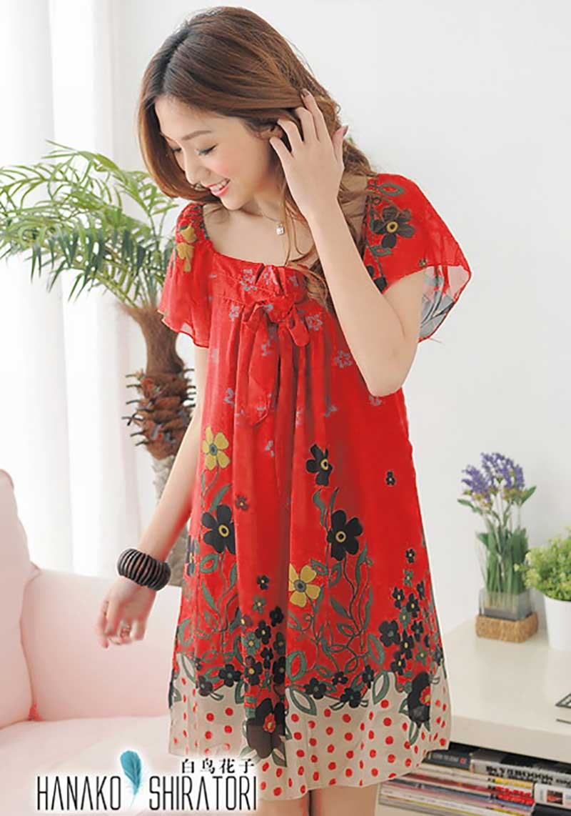 ワンピース チュニック 半袖 シフォンチュニック Aライン フェミニン レッド ブラック ホワイト 花柄 レディース 訳あり Ol23 華成屋かなりやshop 通販 Yahoo ショッピング