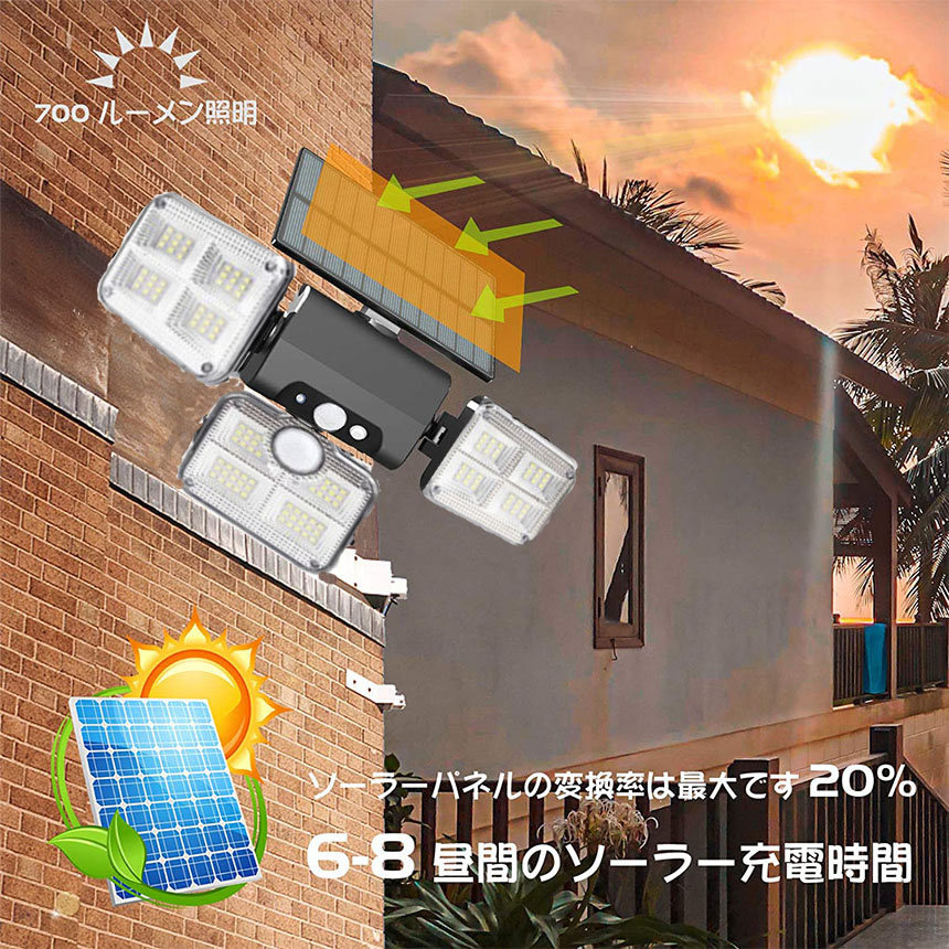 2021高輝度最新昇級版】ソーラーライト人感センサーライト 3面発光LED3 
