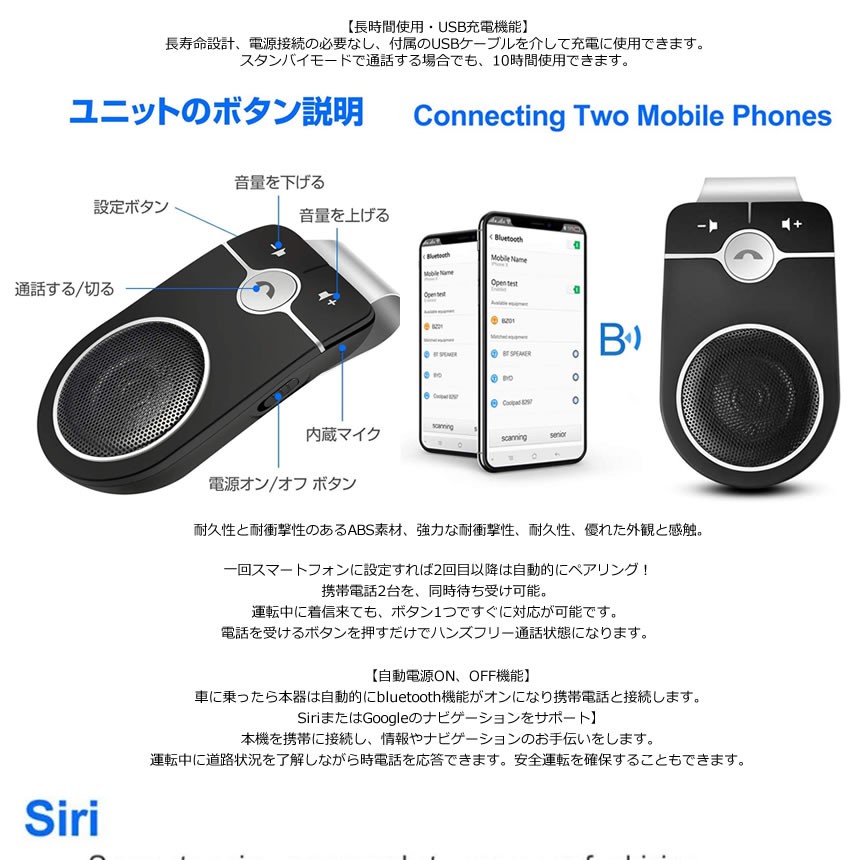 高音質通話 ハンズフリー 車載用 通話 スピーカー 車 スマホ Bluetooth 車載用品 車中泊 配線不要 電話 安全 2台接続可能 想像を超えての