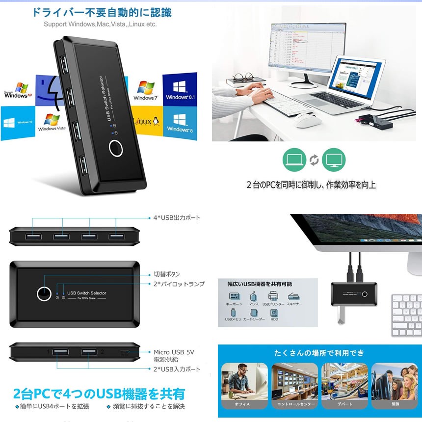 代購代標第一品牌 樂淘letao 上海2号usb 切り替え機pc2台用プリンタマウスキーボードハブなどを切替手動切替器usbケーブル２ 本machinec