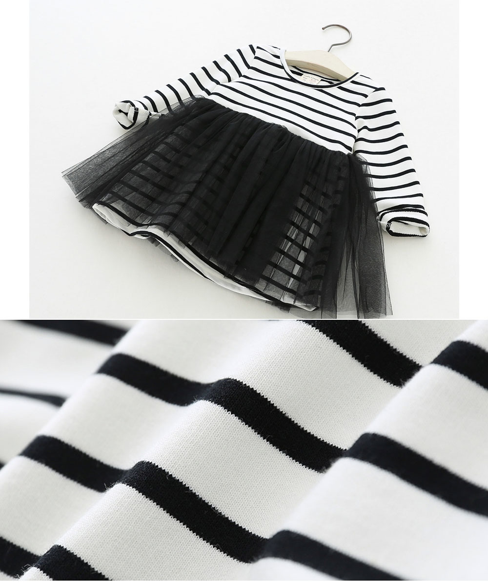 子供用 ワンピース 長袖 膝上 Aライン フレアスカート ふんわりスカート ラウンドネック ウエスト切替 ボーダー ストライプ チュール チュチュ ふ 激安 新作