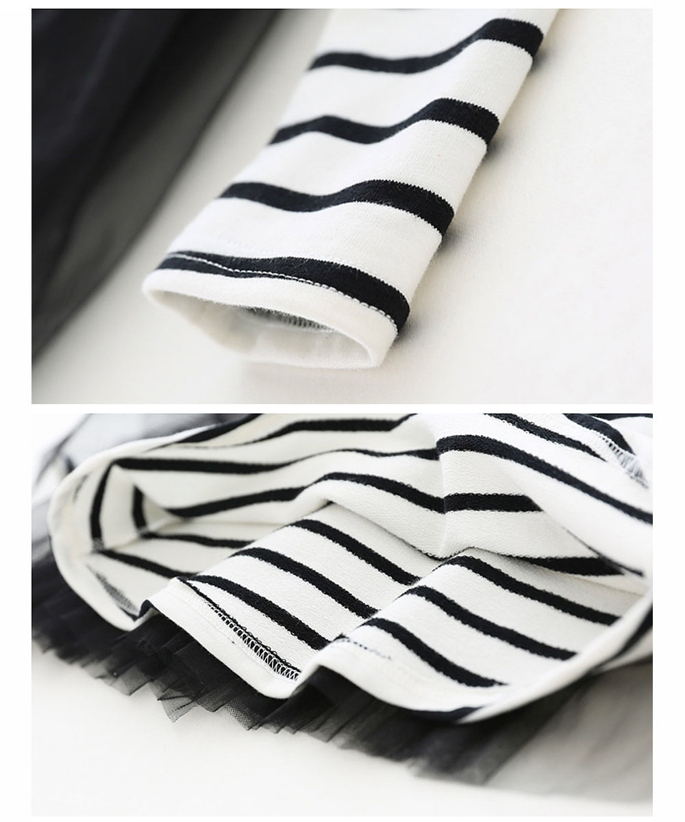 子供用 ワンピース 長袖 膝上 Aライン フレアスカート ふんわりスカート ラウンドネック ウエスト切替 ボーダー ストライプ チュール チュチュ ふ 激安 新作