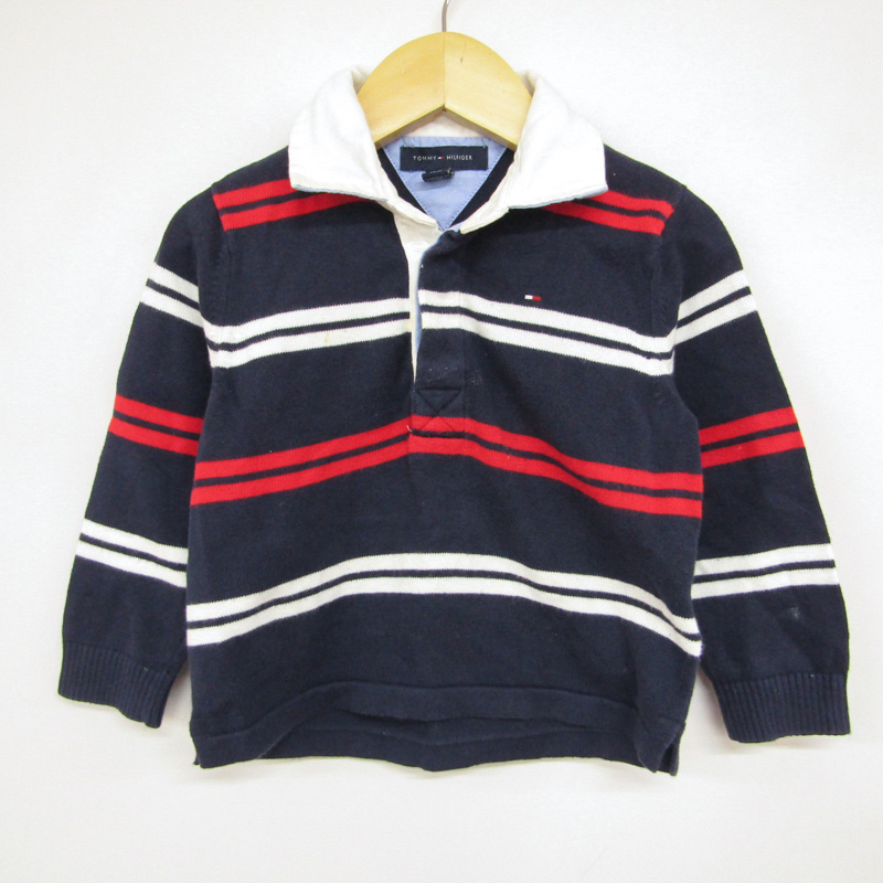  Tommy Hilfiger длинный рукав вязаный Rugger рубашка окантовка рисунок baby для мальчика 2T/B размер темно-синий × белый × красный TOMMY HILFIGER