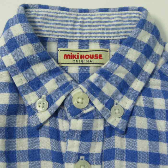  Miki House long sleeve shirt tops check pattern button down baby for boy 90 size blue × white MIKIHOUSE