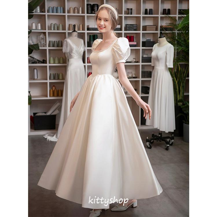  свадьба платье 2 следующий . платье белый атлас длинное платье жемчуг пуховка рукав elegant элегантный белый платье Princess платье длинный A линия 