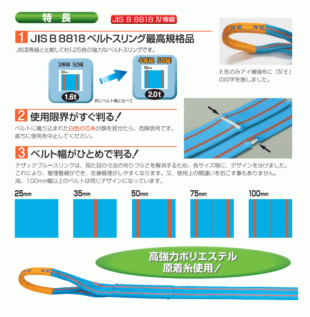 TESAC blue sling IV 50mm×4m( load 2.0t) JIS4 etc. class both edge I type nylon sling te rucksack belt sling hoisting accessory . -ply 