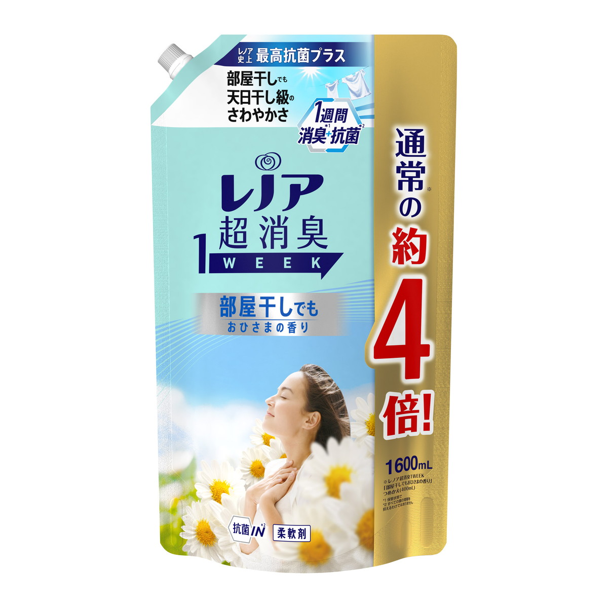 P&G レノア超消臭1WEEK 部屋干し （花と）おひさまの香り 柔軟剤 詰替用 1600ml × 4個 レノア レノア超消臭1WEEK 柔軟剤の商品画像