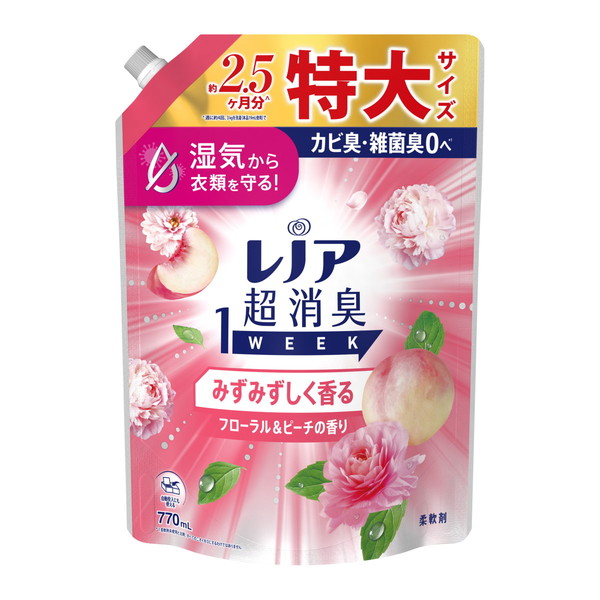 レノア超消臭1WEEK みずみずしく香るフローラル＆ピーチの香り 柔軟剤 詰替用 770ml × 6個の商品画像