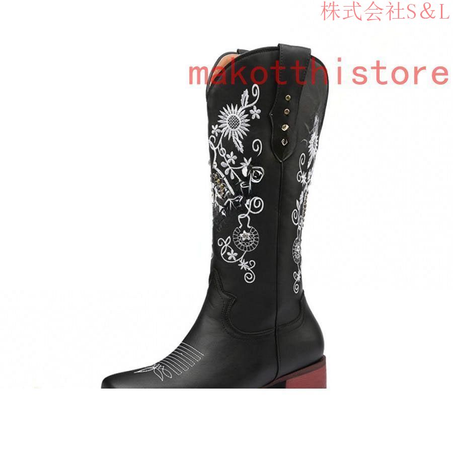  western boots lady's leather style middle boots lady's boots low heel embroidery black large size 25cm 25.5cm middle boots stitch jockey boots 