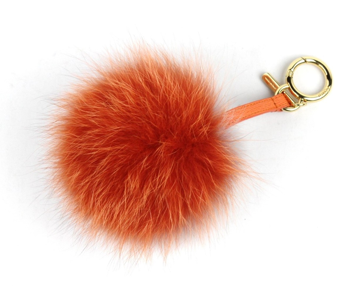  Fendi charm pompon bag orange gray series Gold metal fittings fur key holder hook leather 