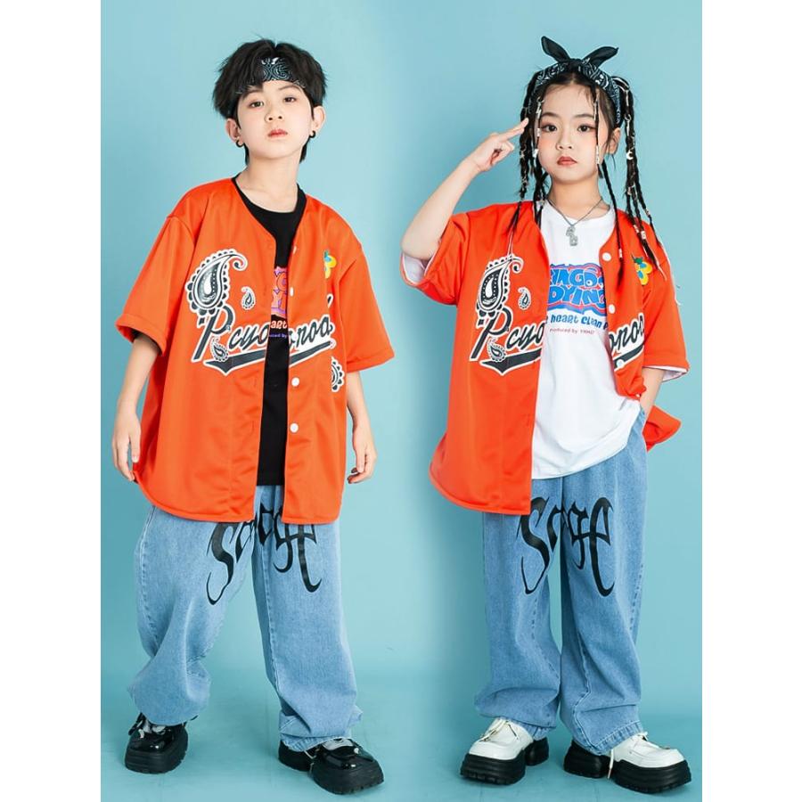  child clothes setup Kids k-pop dance costume top and bottom set peiz Lee pattern hip-hop Kids dance costume .. shirt orange Denim pants Street series 