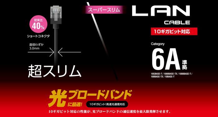 代引不可 Cat6A LANケーブル 3m スーパースリム 10ギガビット対応 ブラック エレコム LD-GPASS/BK3 高価値セリー
