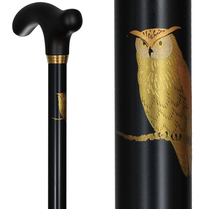 代引不可 アルミ製調節付 蒔絵仕上ステッキ 杖 黒ふくろう 黒フクロウ 黒梟 全長71 91cm 9段階調節 重量240g 直径 上段19 下段16mm 補聴器専門店 快聴生活 通販 Yahoo ショッピング