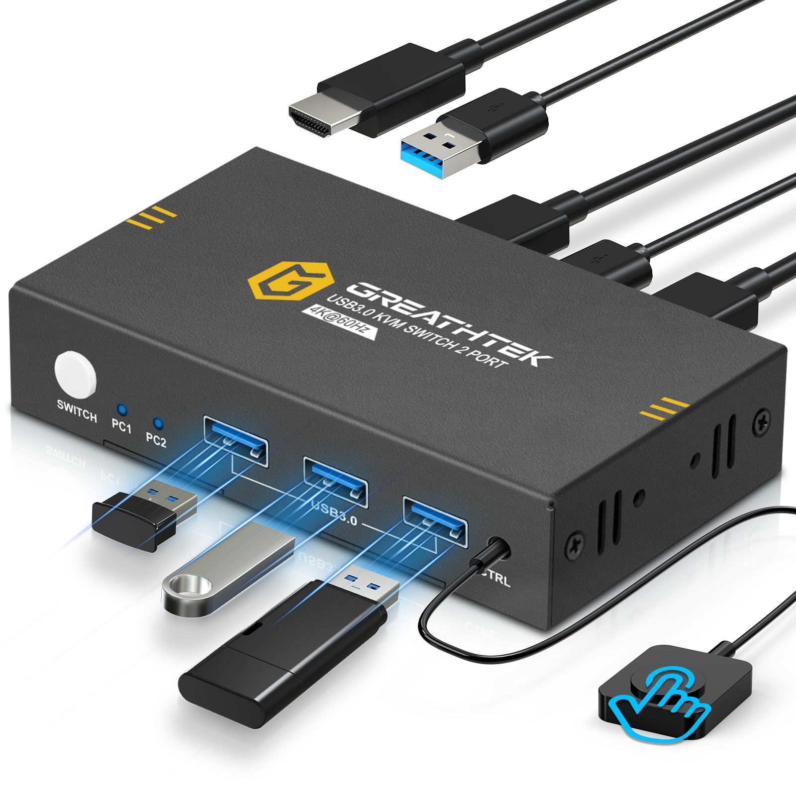 [2024 версия ]KEBENES USB3.0 KVM переключатель,2 шт.. PC.1 шт.. монитор . подключение,4K@60Hz разрешение,HDMI KVM переключатель 2 ввод 1.