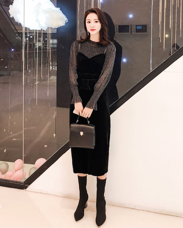 パーティードレス 結婚式 お呼ばれ ドレス ワンピース 韓国 ロング 長袖 黒 ベロアワンピース セットアップ レディース シースルー 大きいサイズ Awg0043 Leap リープ 通販 Yahoo ショッピング