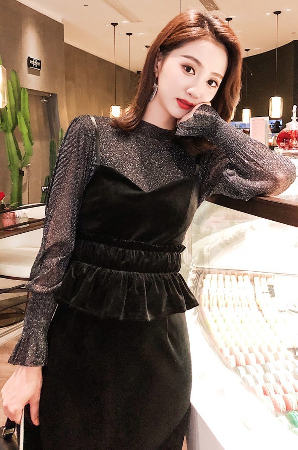 パーティードレス 結婚式 お呼ばれ ドレス ワンピース 韓国 ロング 長袖 黒 ベロアワンピース セットアップ レディース シースルー 大きいサイズ Awg0043 Leap リープ 通販 Yahoo ショッピング