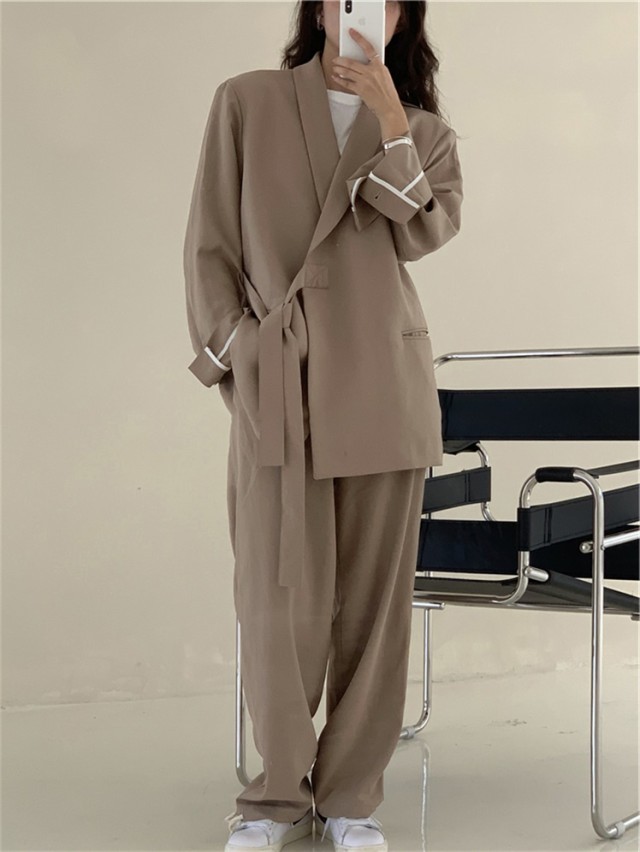 パンツスーツ レディース セットアップ カジュアルスーツ ゆったり オーバーサイズ 大きいサイズ オフィスカジュアル 通勤服 オフィス  :AWH0096:Leap・リープ - 通販 - Yahoo!ショッピング
