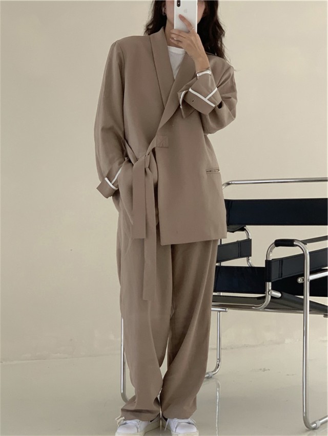パンツセットアップ レディース チェスターコート スーツパンツ ロングパンツ スリット ロング丈 2点セット ゆったり 大きいサイズ トレンチコート セレモニー いいスタイル