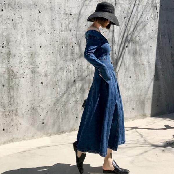 毎回完売 春新作 デニム ワンピース ロング丈 オフショル 長袖 レディース ワンピース ボタン セクシー 肩出し 大きいサイズ 3l 小さいサイズ 3s 正規激安 Www Centrodeladultomayor Com Uy