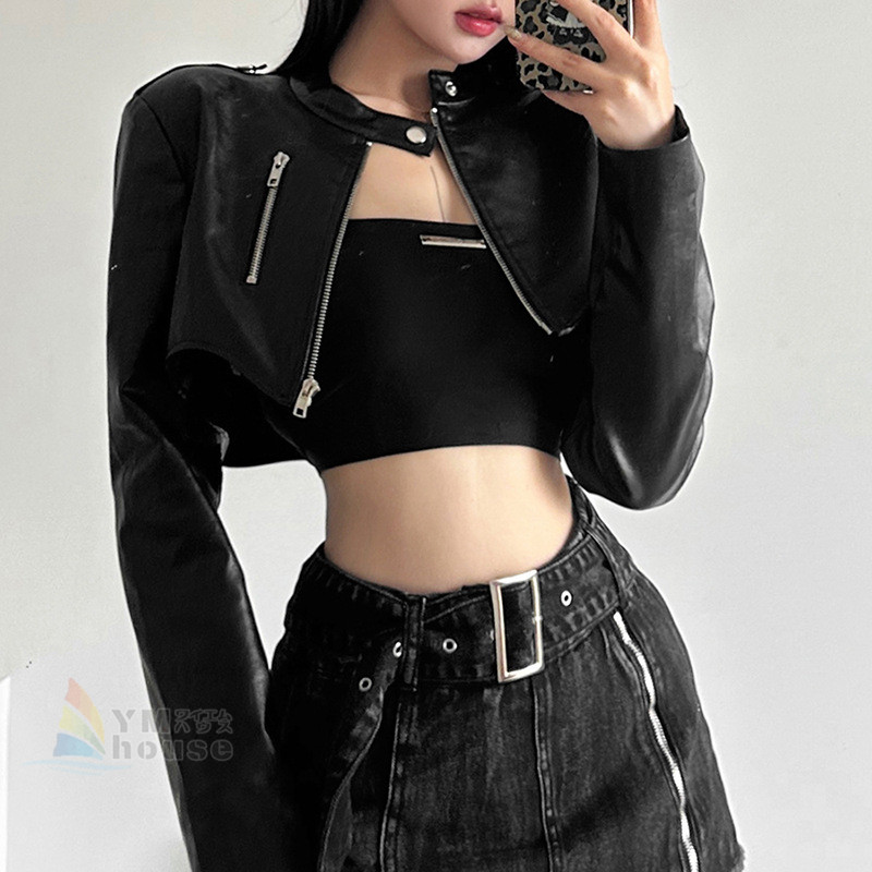  dance costume jacket lady's short jacket leather PU leather Dance tops black black long sleeve outer plain heso.. piece . good-looking dance costume 
