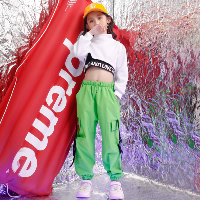  Dance pants hip-hop Kids dance costume cargo pants man girls dance costume Kids K-POP Korea Dance trousers white green 