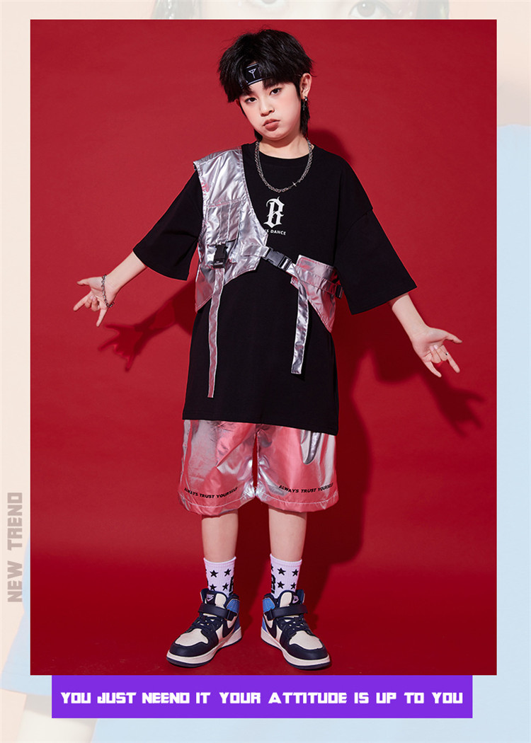  hip-hop Kids dance costume setup tops jas Dance short sleeves t shirt the best silver trousers Kirakira child clothes stylish dance costume sport wear 