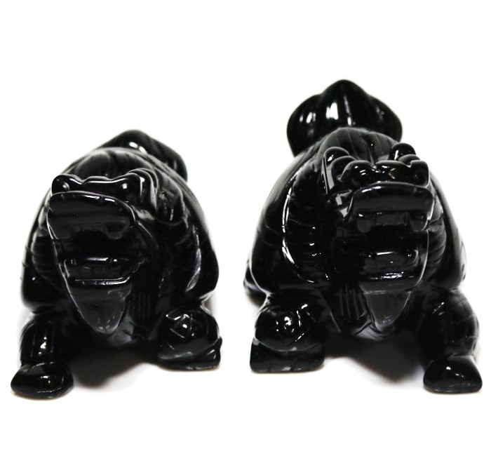 彫刻置物 龍亀 出群 ろんぐい 左右2個セット40x70x50 46x85x60mm オブシディアン 黒曜石