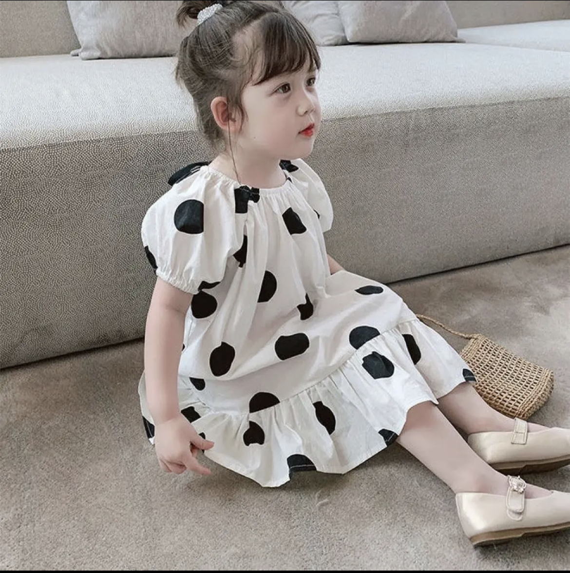  Kids детская одежда ребенок одежда One-piece лента полька-дот точка короткий рукав девочка A линия 90 100 110