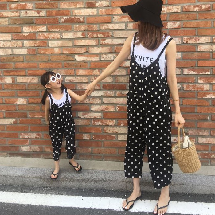 サロペット 親子 セットアップ オーバーオール ロンパース ドット ガウチョ キャミソール ペアルック コンビネゾン 水玉 ワンピース