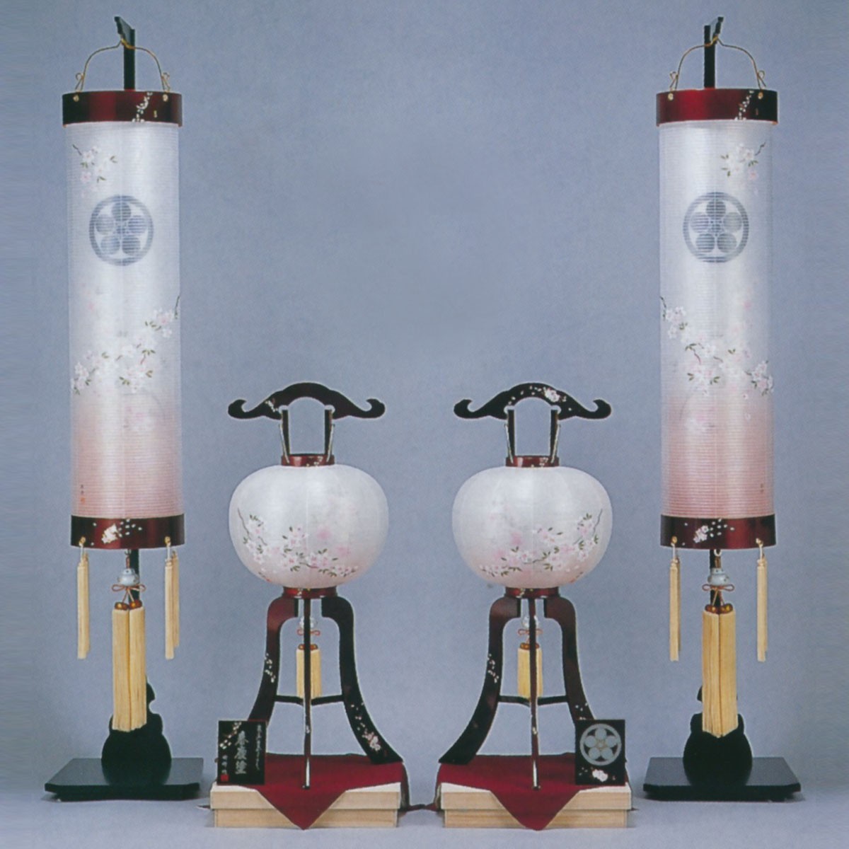 春慶塗 電気コード式 セット 盆提灯 絹 蒔絵 提灯セット 代金込み 代金込み 家紋 そめいよしの 桐箱入り 一対 絹 二重 木製 電気コード式 j I 雛人形 五月人形 こいのぼりの丸富