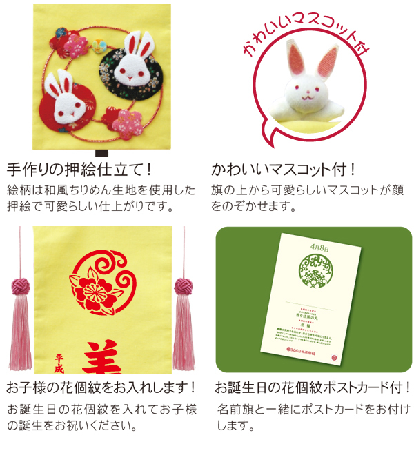 ギフト 雛人形 名前旗 花個紋押絵名前旗飾り 座敷旗押絵 花うさぎ マスコット付 お名前 花個紋 生年月日 中 高さ55cm 雛祭り 端午の節句 17 Tn 3 081hu M