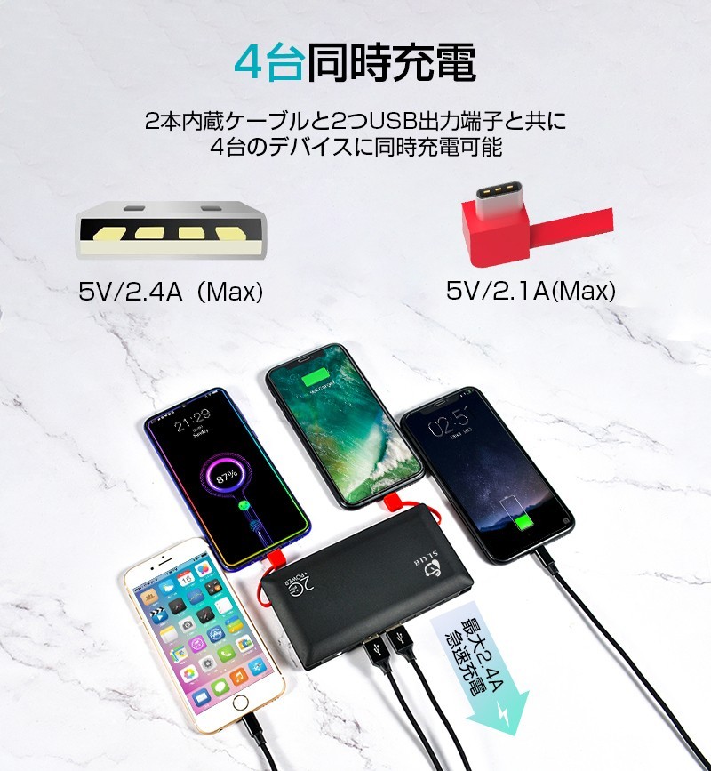  mobile battery high capacity cable built-in 20000mAh smartphone charger lightning microUSB Type-C connector attaching 2USB port 4 pcs same time charge light weight PSE certification settled 