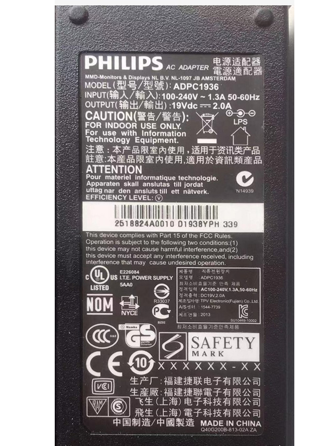  original new goods PHILIPS 19V liquid crystal monitor for 227E9Q 227E7Q for 38W AC adaptor 19V 2.0A ADPC1936 19V 2A, 5.5*2.5mm ADPC1938/EX charger PSE power supply 