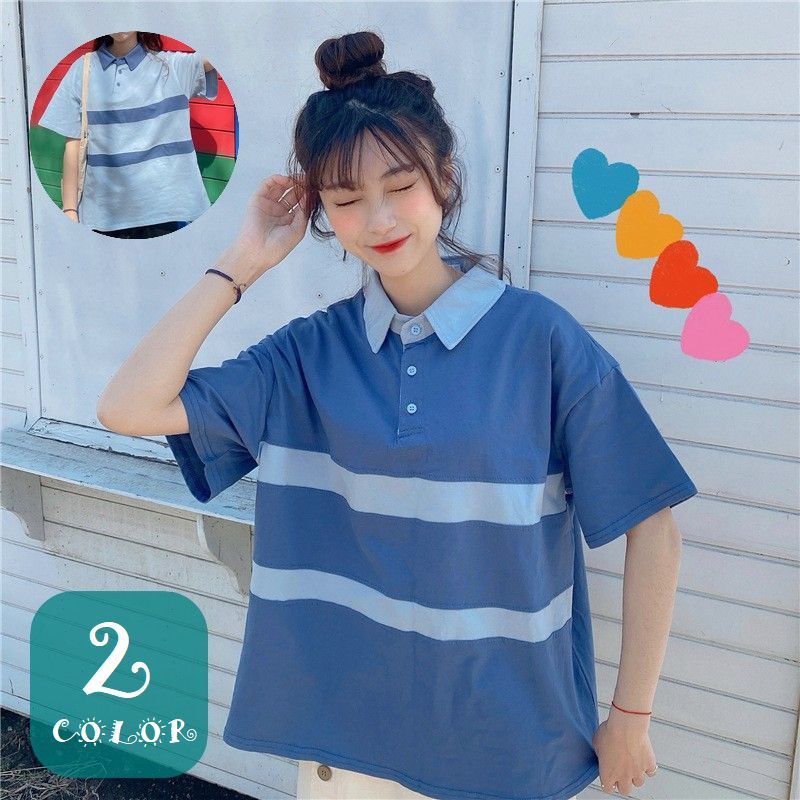 ポロシャツ レディース 女性 ボタン 半袖 バイカラー オーバーサイズ ビッグシルエット かわいい キュート おしゃれ 婦人服 Top 028 おとりよせ Com 通販 Yahoo ショッピング