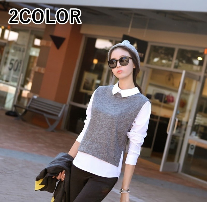 フェイクレイヤード 長袖シャツ 白シャツ重ね着風 トップス レディース ベスト 白シャツ 重ね着風 長袖 バックボタン 無地 チェック柄 グレー ブラ Yy おとりよせ Com 通販 Yahoo ショッピング