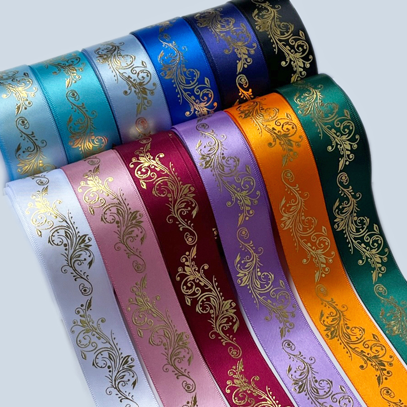 [25mm width 1m] floral ala Beth k pattern satin ribbon Gold . pushed .