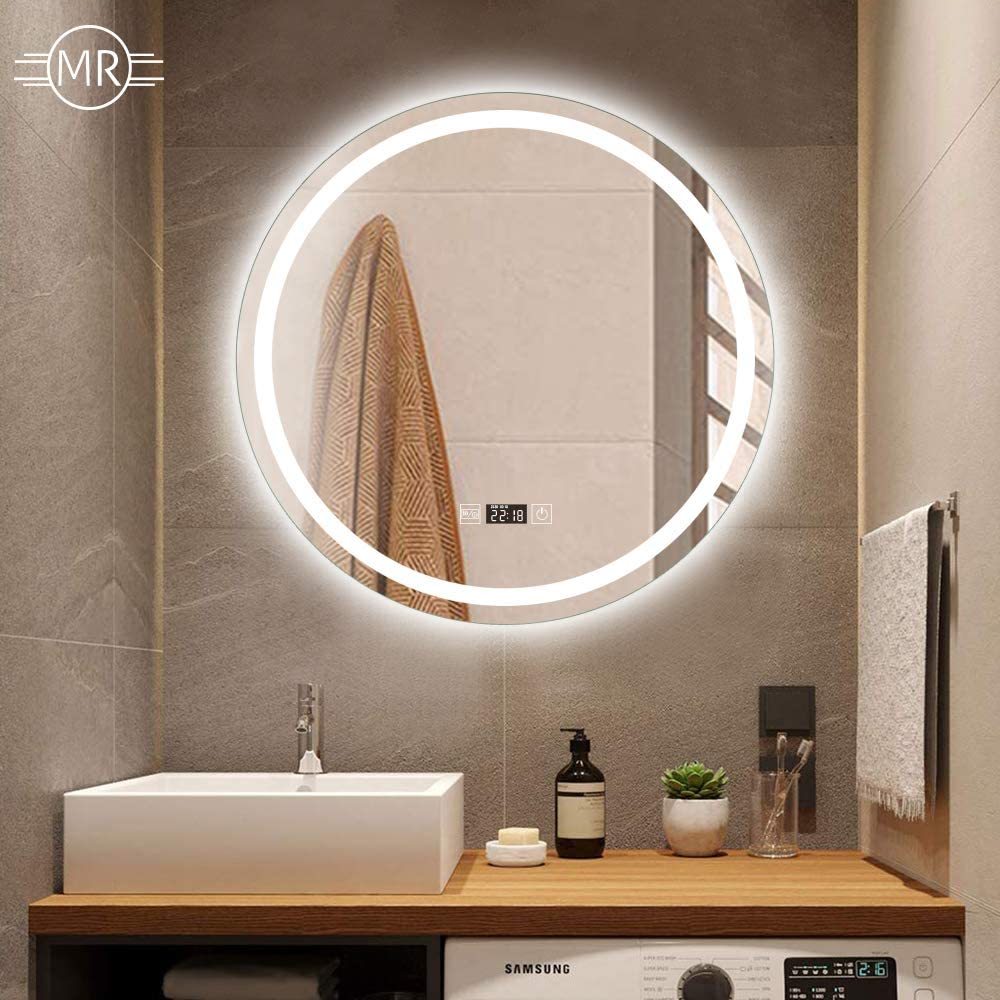 女優ミラー 壁掛け ミラー ライト付き ミルオ君の LED 丸 50cm おしゃれ 無段階調光 コンセント付き 曇り止め 壁掛けミラー 円形の商品画像