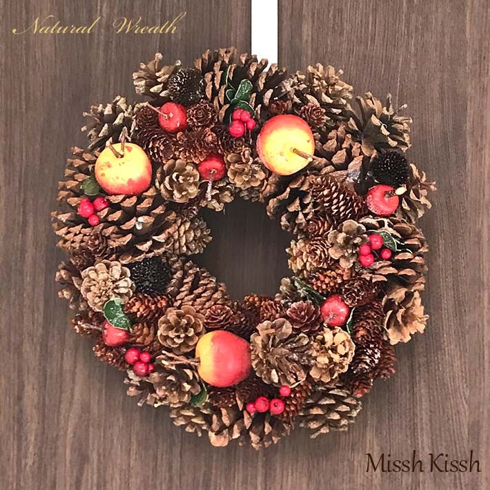 クリスマスリース 35cm 赤 りんご 松ぼっくり Red Apple Wreath M