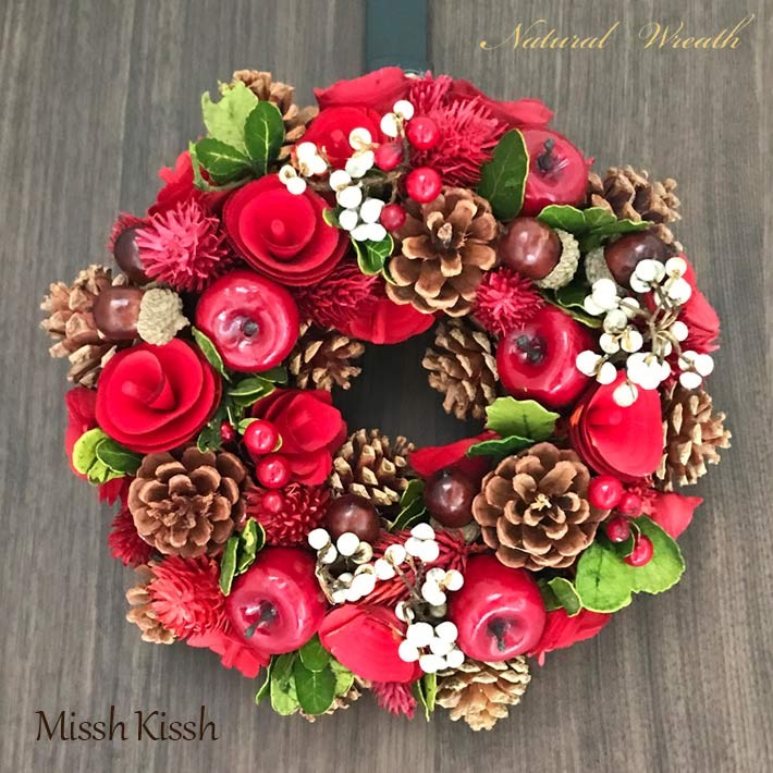 クリスマスリース 35cm 赤 りんご 松ぼっくり Red Apple Wreath M