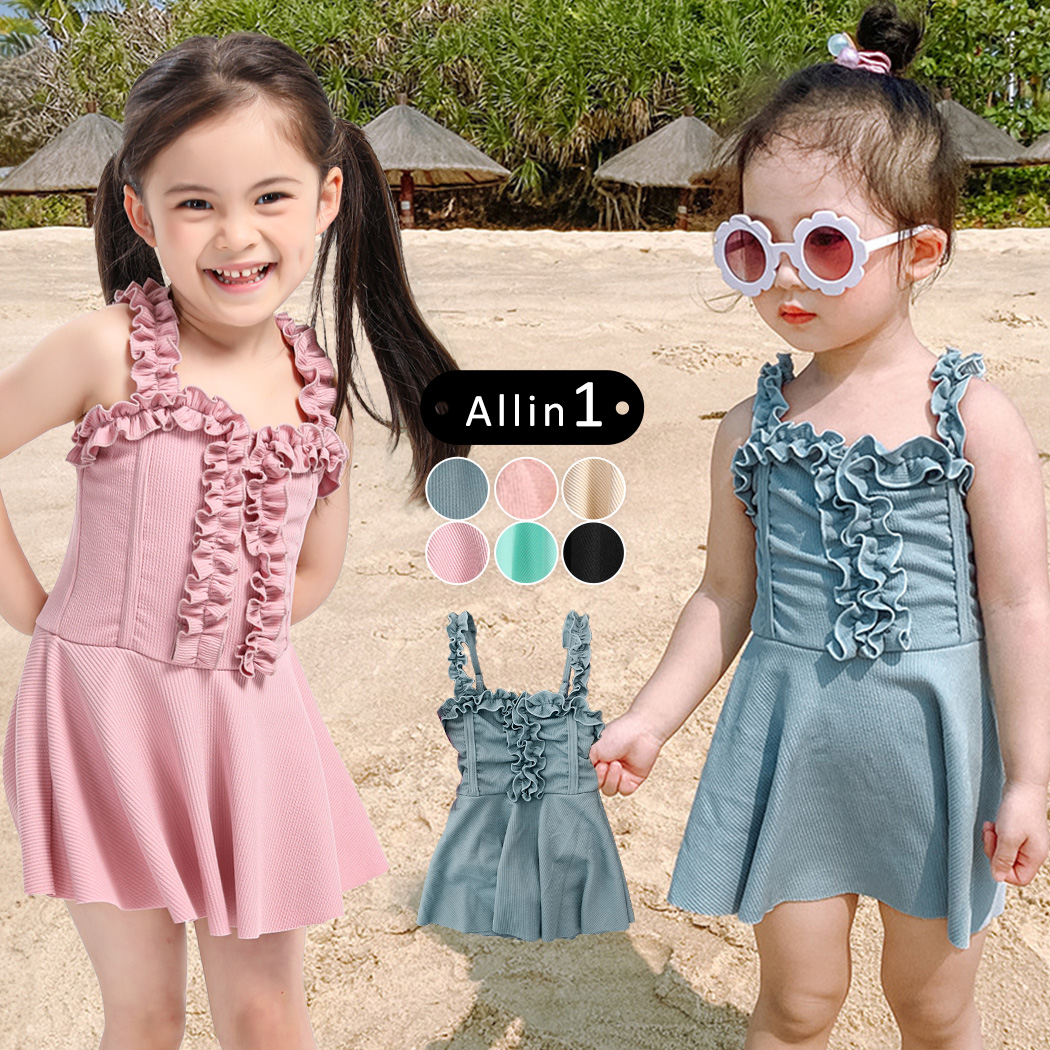  Kids swimsuit girl One-piece all-in-one camisole no sleeve frill stylish baby Junior sea black 