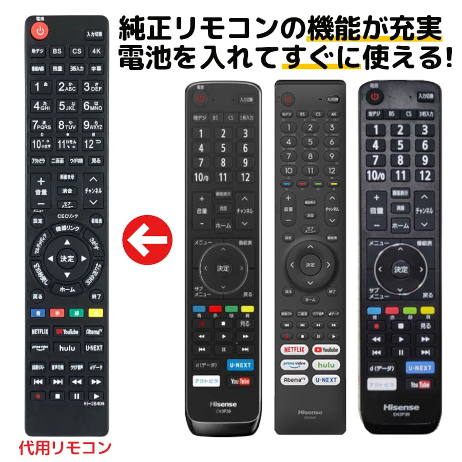 REMOSTA ハイセンス 代用テレビリモコン EN3B40H EN3A40 EN3AH39H EN3AE39H EN3P39 EN3C40H AV機器用リモコンの商品画像