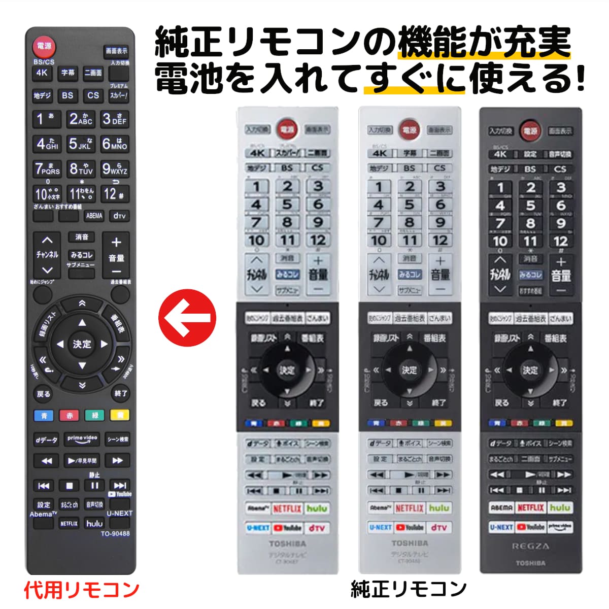 REMOSTA 東芝レグザ用 代用テレビリモコン CT-90488 CT-90487 CT-90496 AV機器用リモコンの商品画像